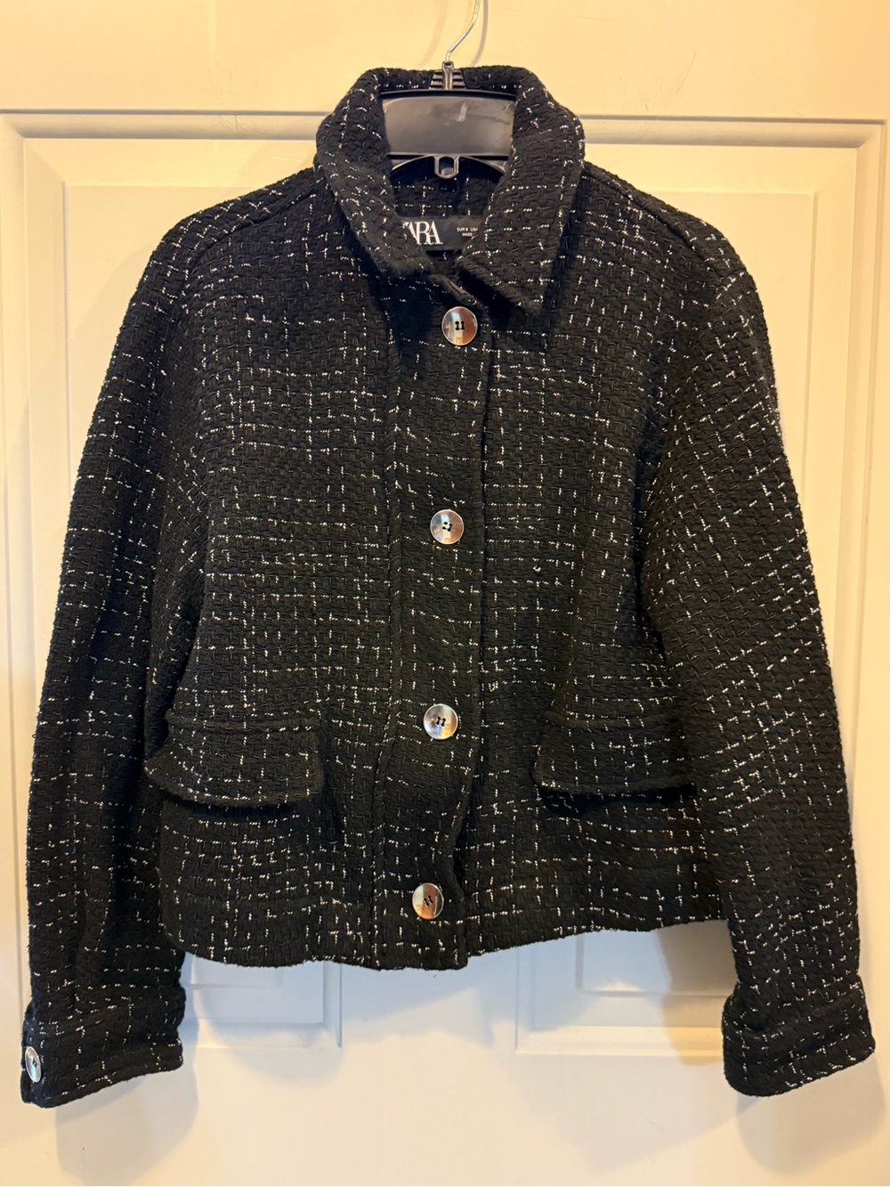 Zara Black Tweed Jacket with White Stitching